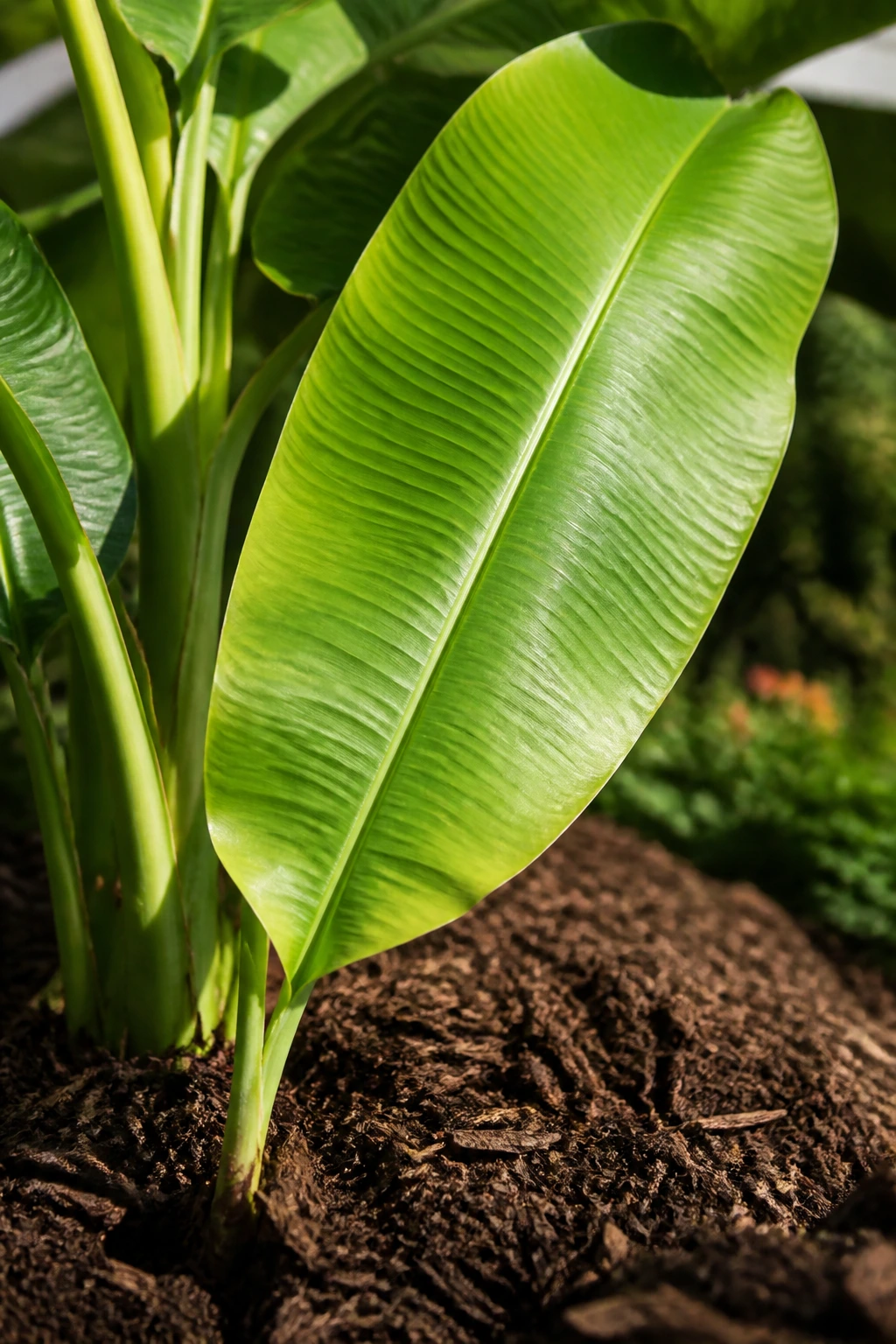 Healthy banana leaf in a well-maintained garden