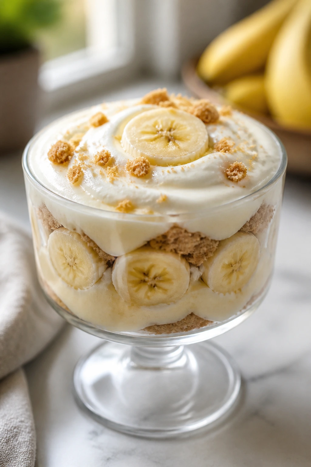 Delicious Temptation: Is Banana Pudding Healthy for Weight Loss? 5 Glass dessert cup with lighter banana pudding and banana layers on a kitchen counter.