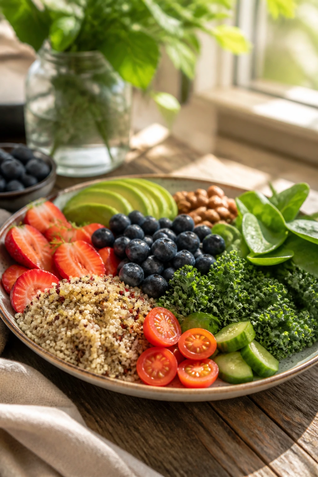 Banishing Breakouts: Are Blueberries Good For Acne? 1 Close-up of a colorful plate of healthy foods to suggest eating right for acne skin
