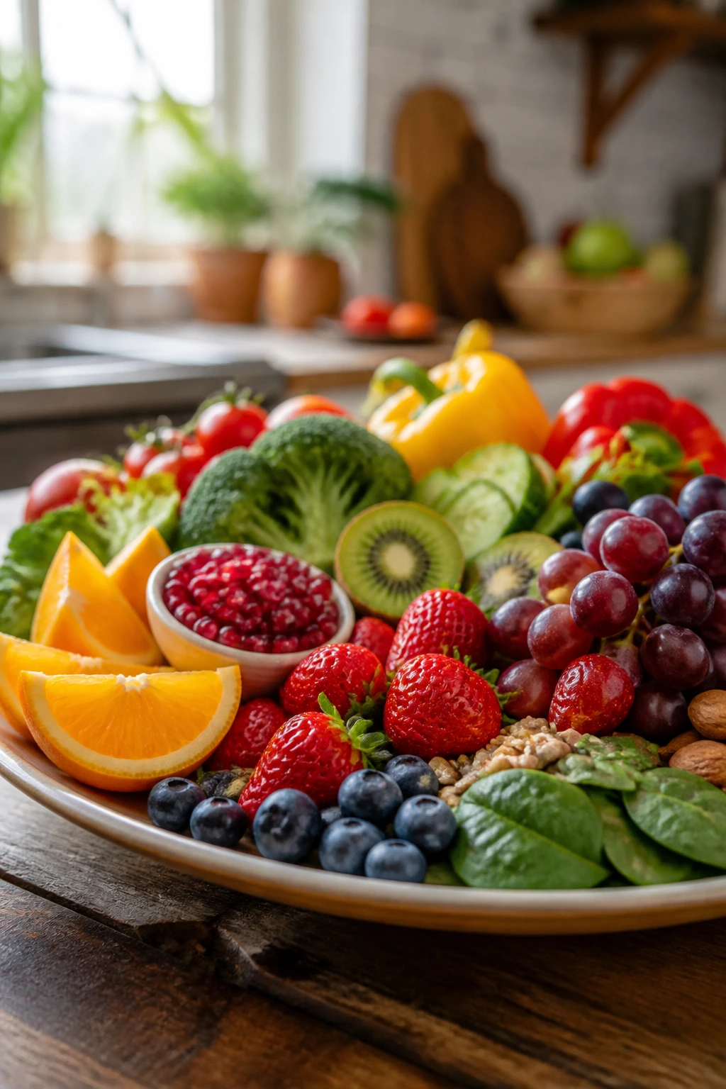 Close-up of a vibrant plate of fresh fruits and vegetables highlighting healthy eating for blood pressure.