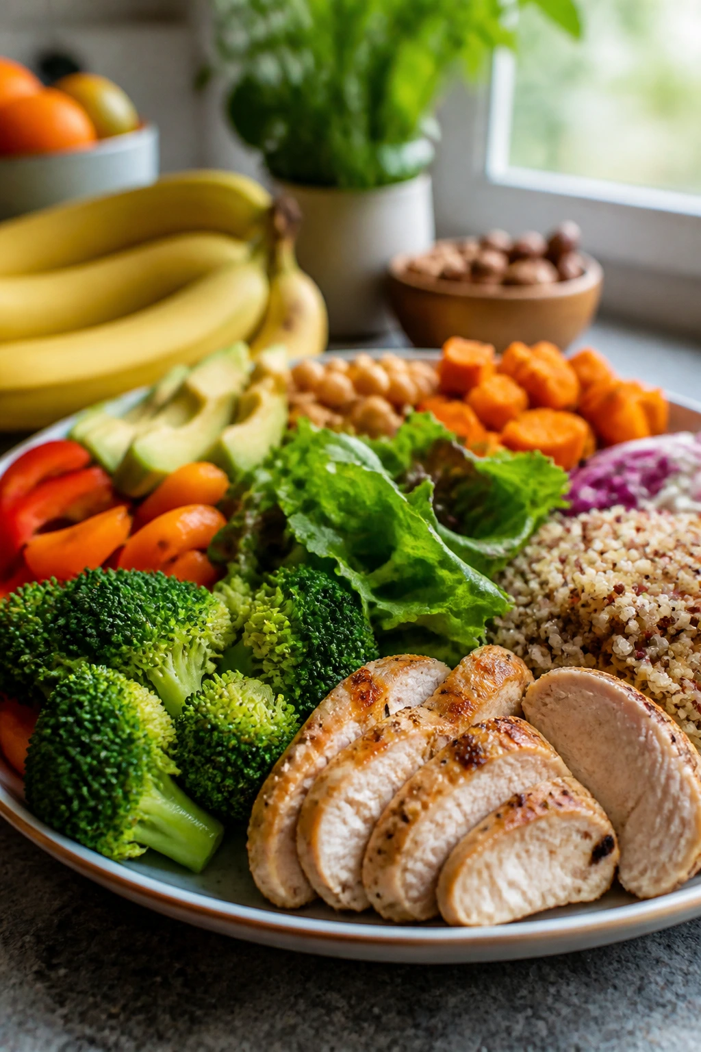 Bananas and Stature: Do Bananas Make You Taller? 6 Close-up plate of colorful healthy foods on kitchen counter