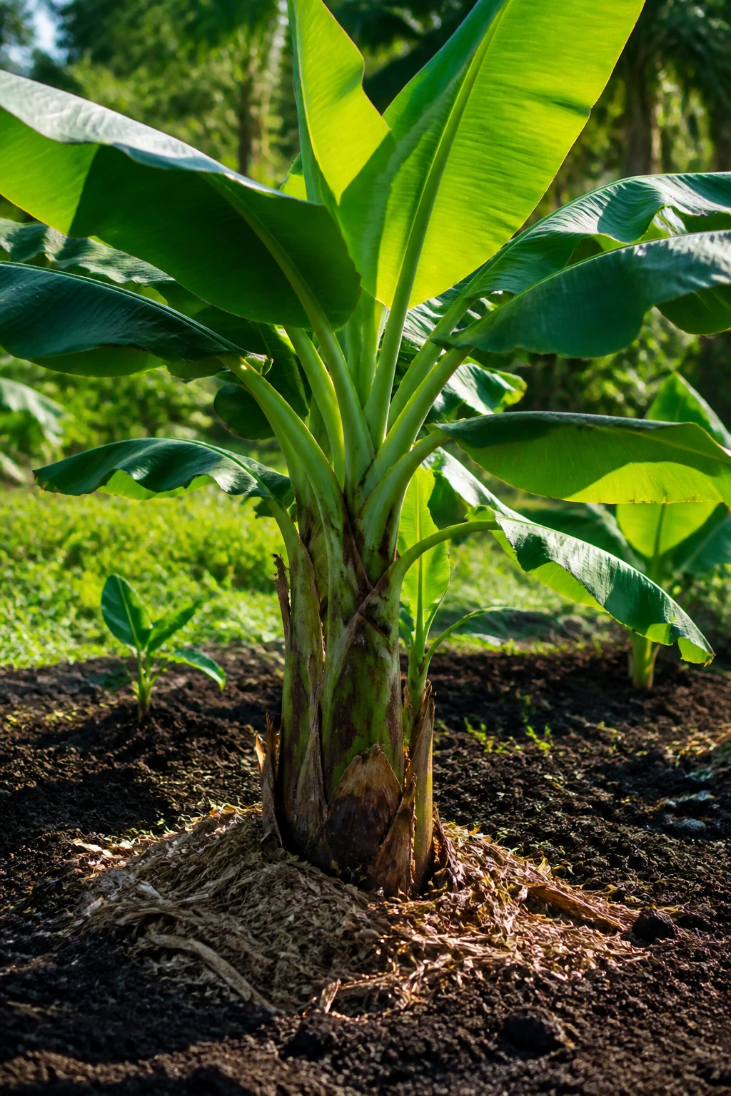 Plantain Tree Vs Banana Tree: What's Really The Difference? 3 Healthy plantain banana tree thriving in a garden bed with rich soil and mulch