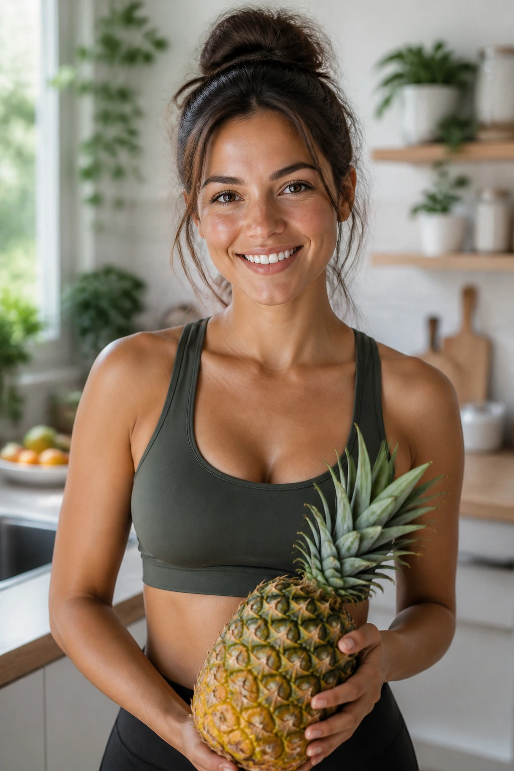 Portrait of a healthy-looking woman in a bright kitchen
