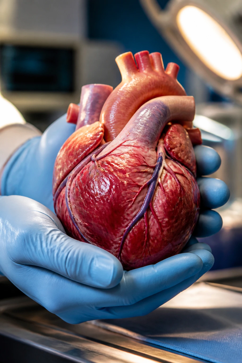 Close-up of a heart model held by gloved hands in a clinic