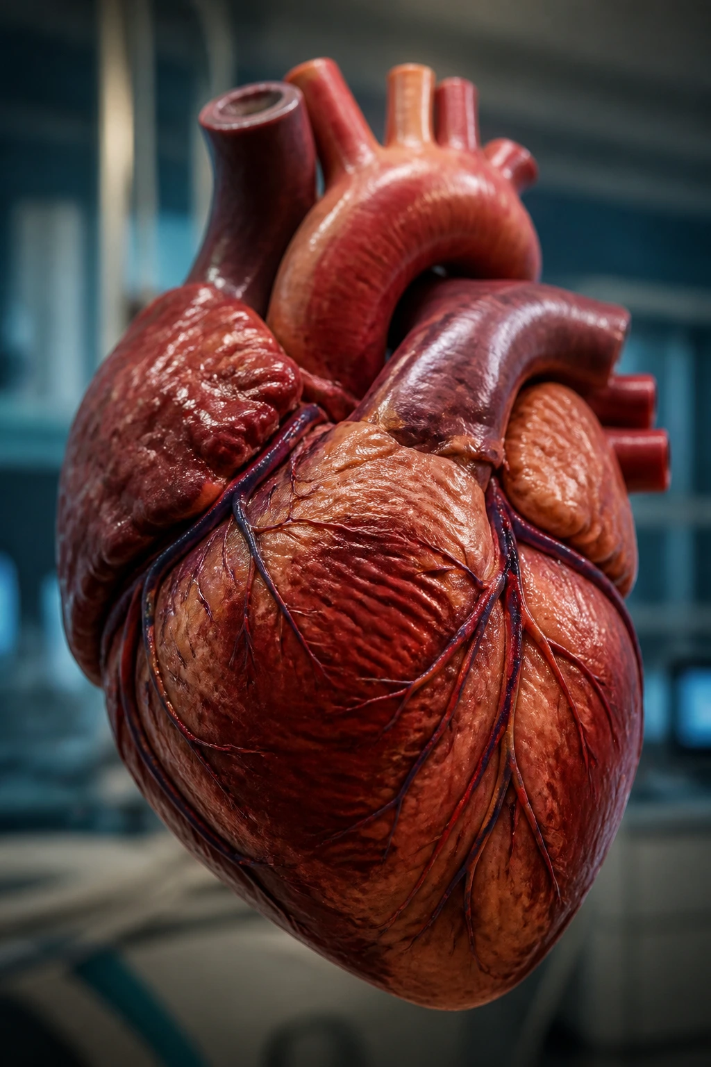 Close-up view of a realistic heart with arteries in a clinical background