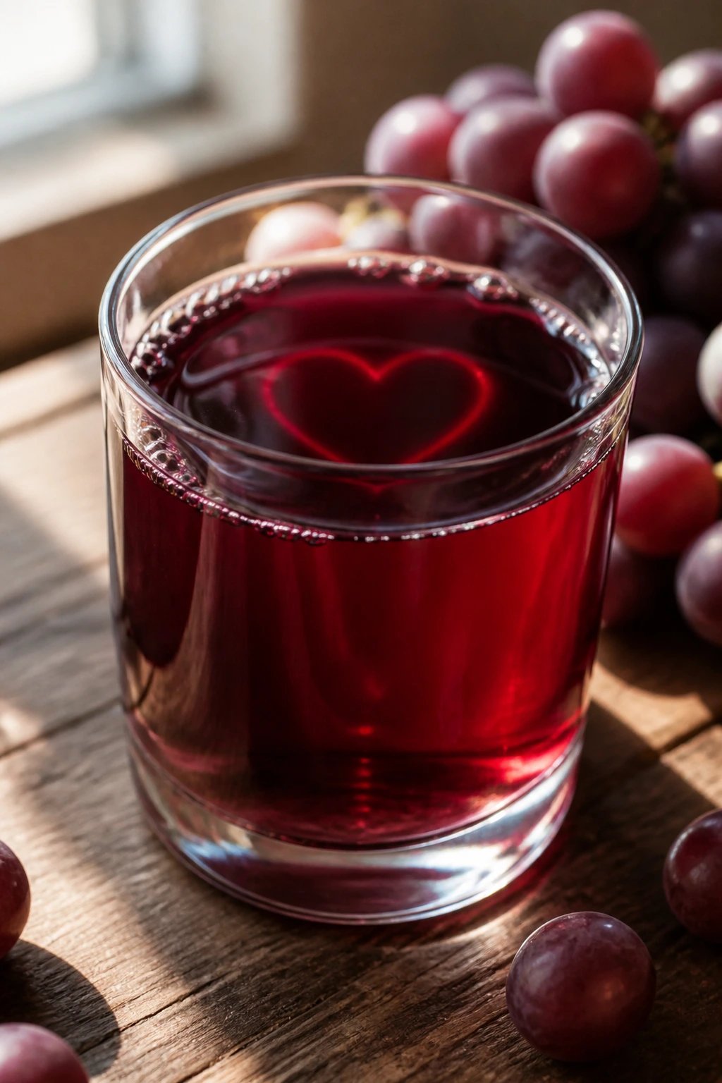 Close-up of red grape juice with a heart-shaped highlight in the liquid.