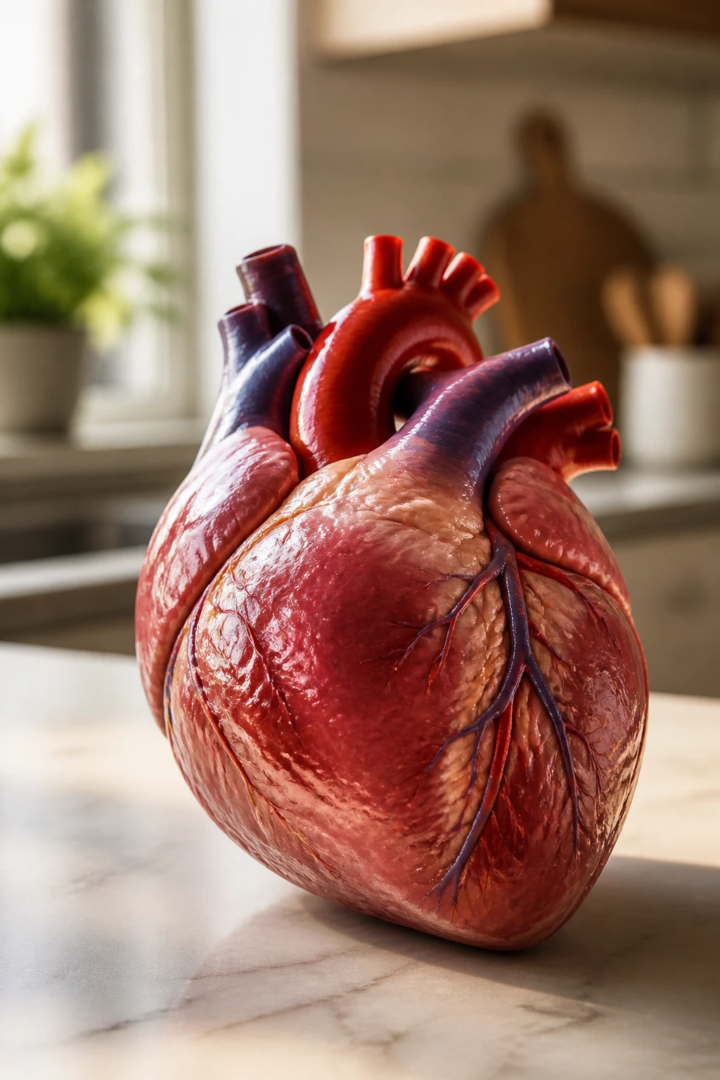 Close-up of a realistic anatomical heart model on a kitchen counter