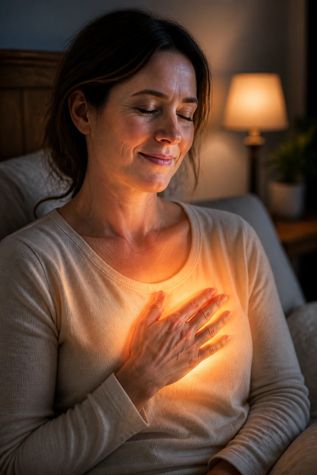 Close-up of chest with heart glow in a night setting