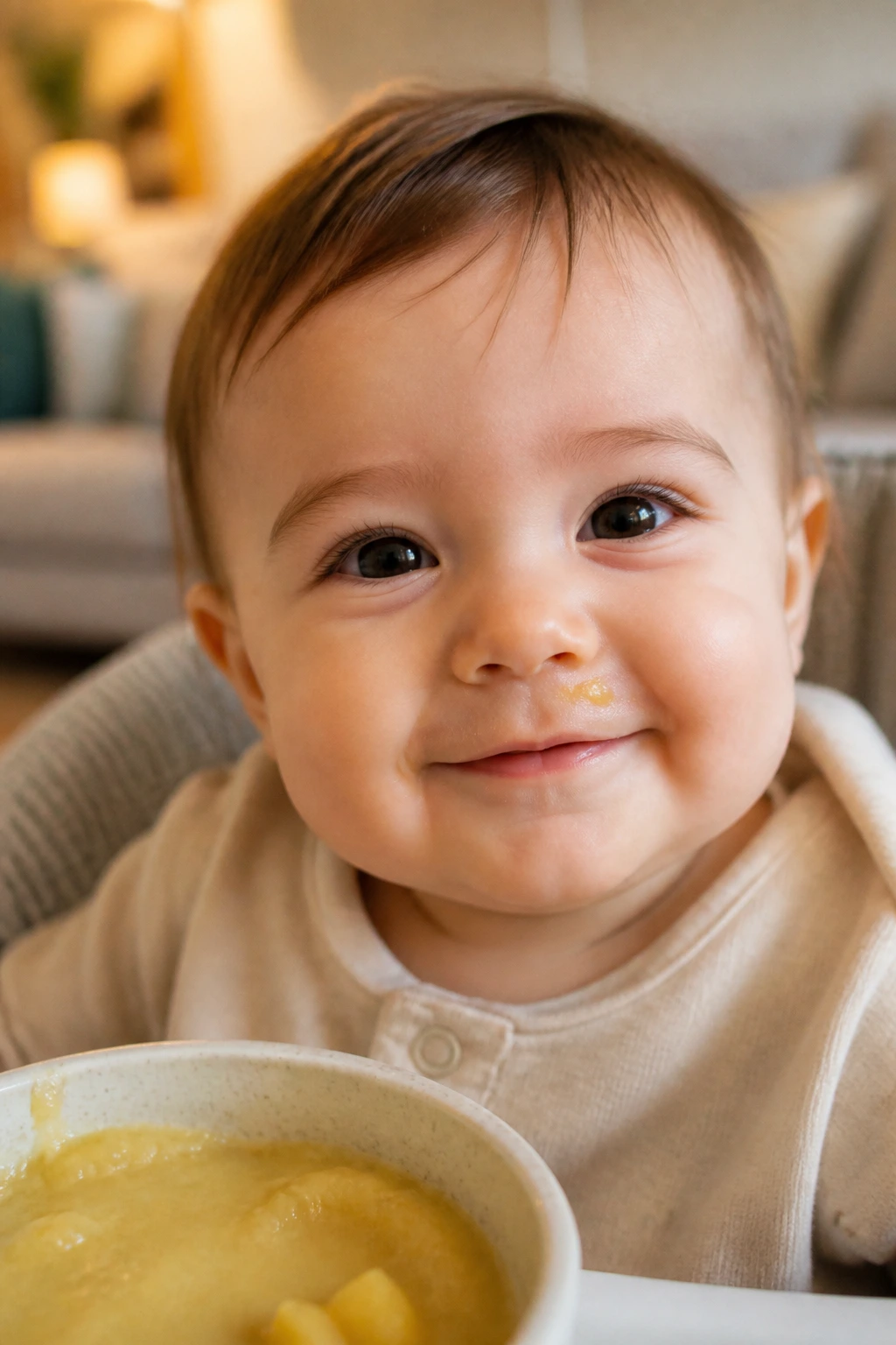 Smiling baby with banana puree near lips in a cozy home setting.