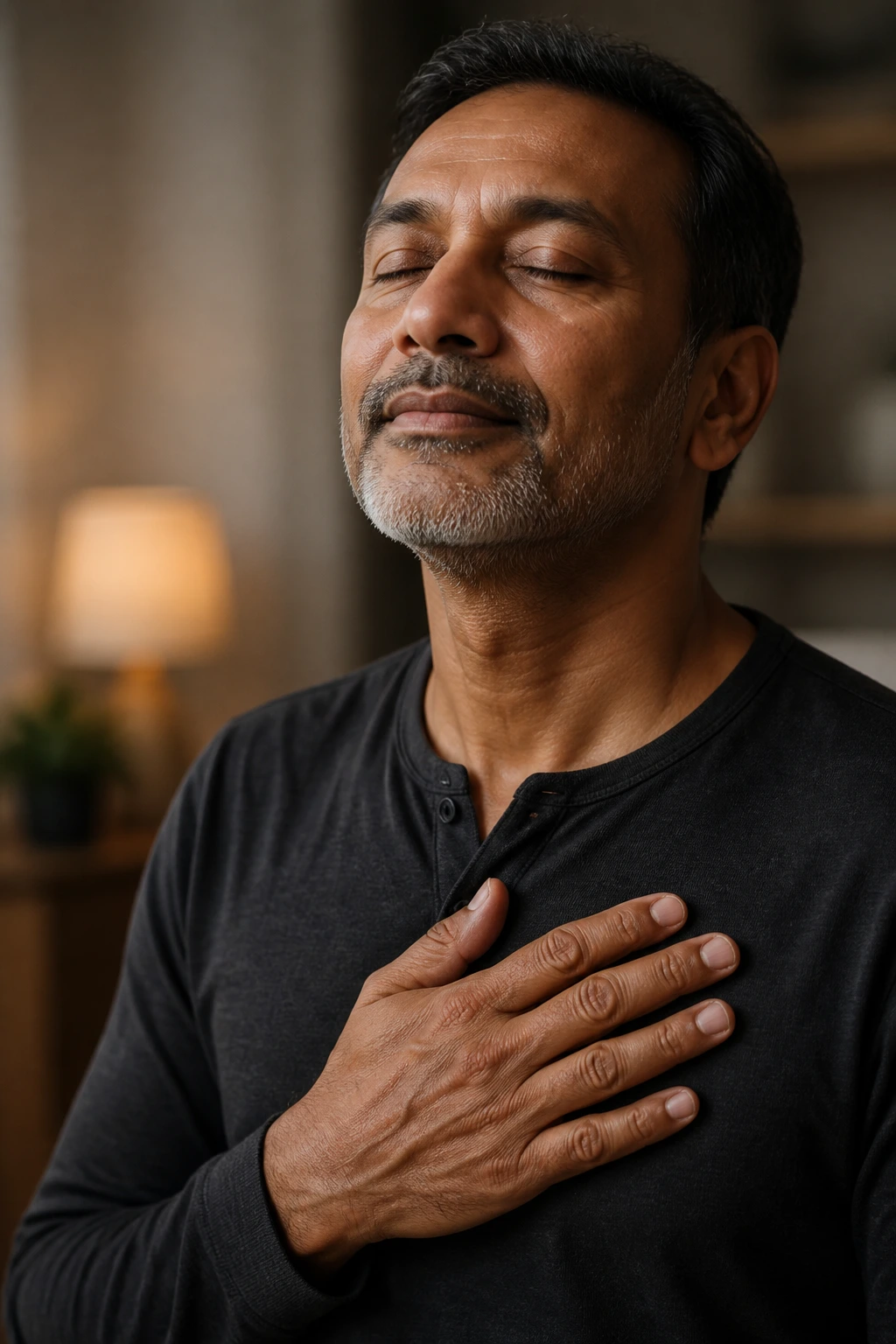 Close-up of a person resting a hand on their chest to symbolize heart health