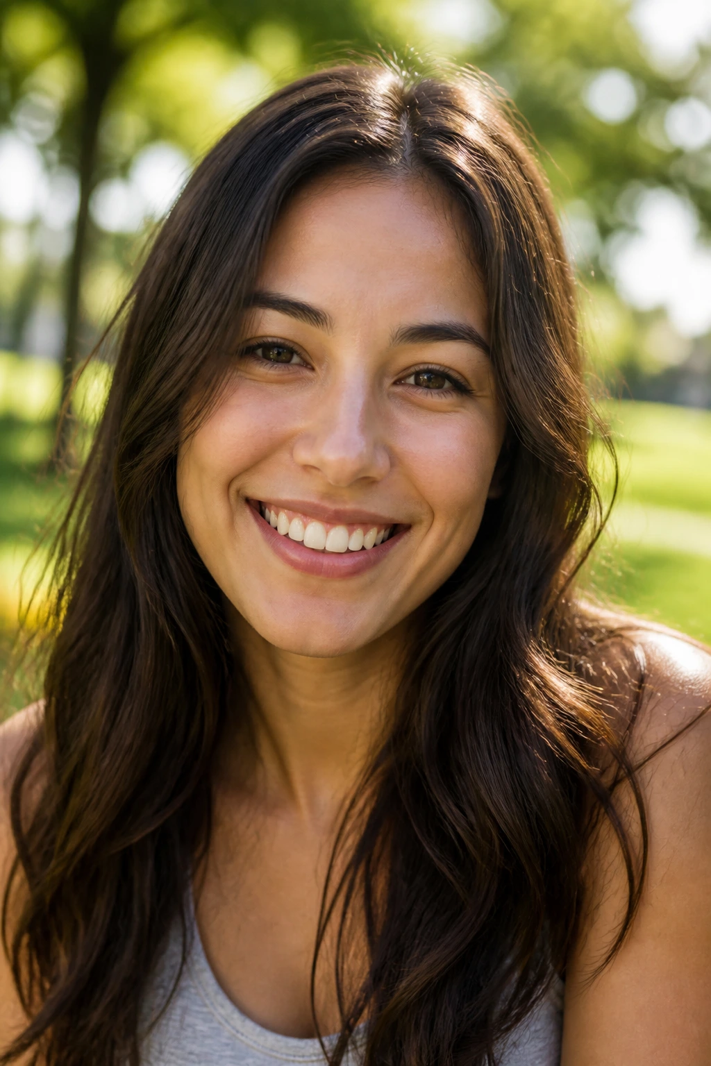 Close-up of a smiling person in a sunny outdoor setting representing a happier heart