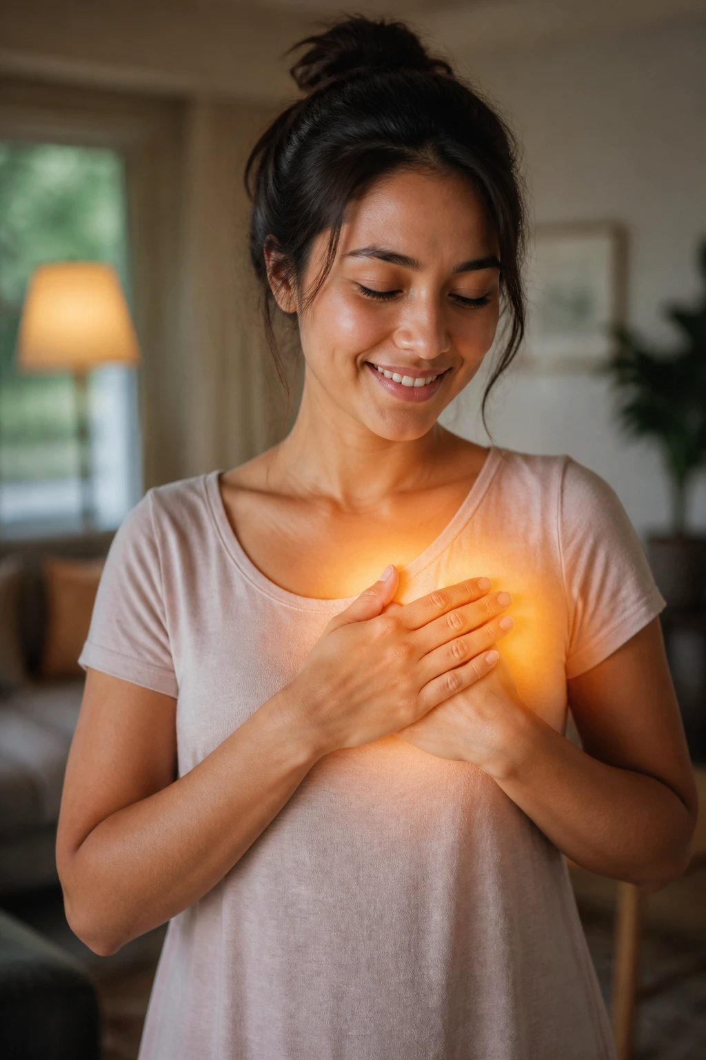 Portrait of a real person with a glow around the chest area symbolizing a healthy heart.