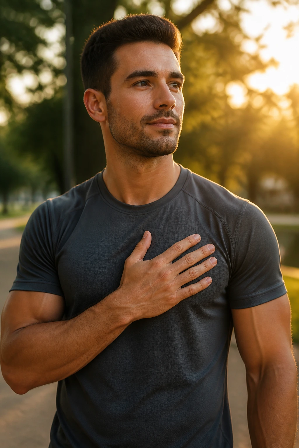 Medium close-up portrait of a man in a park, symbolizing heart health