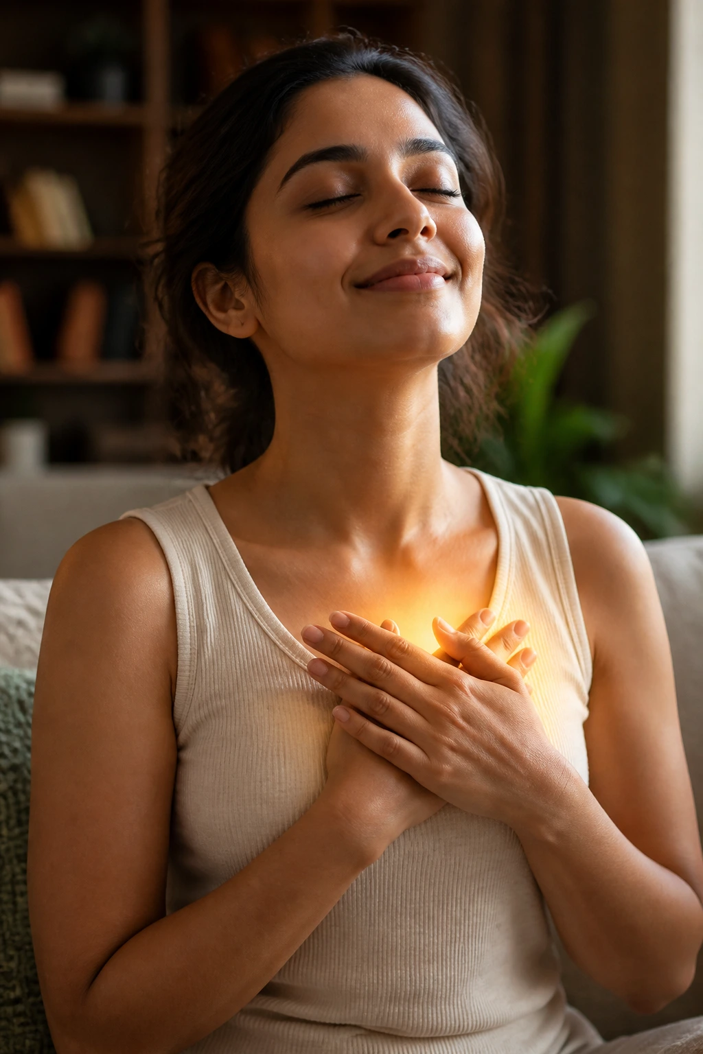 Close-up portrait highlighting heart health concept with warm lighting