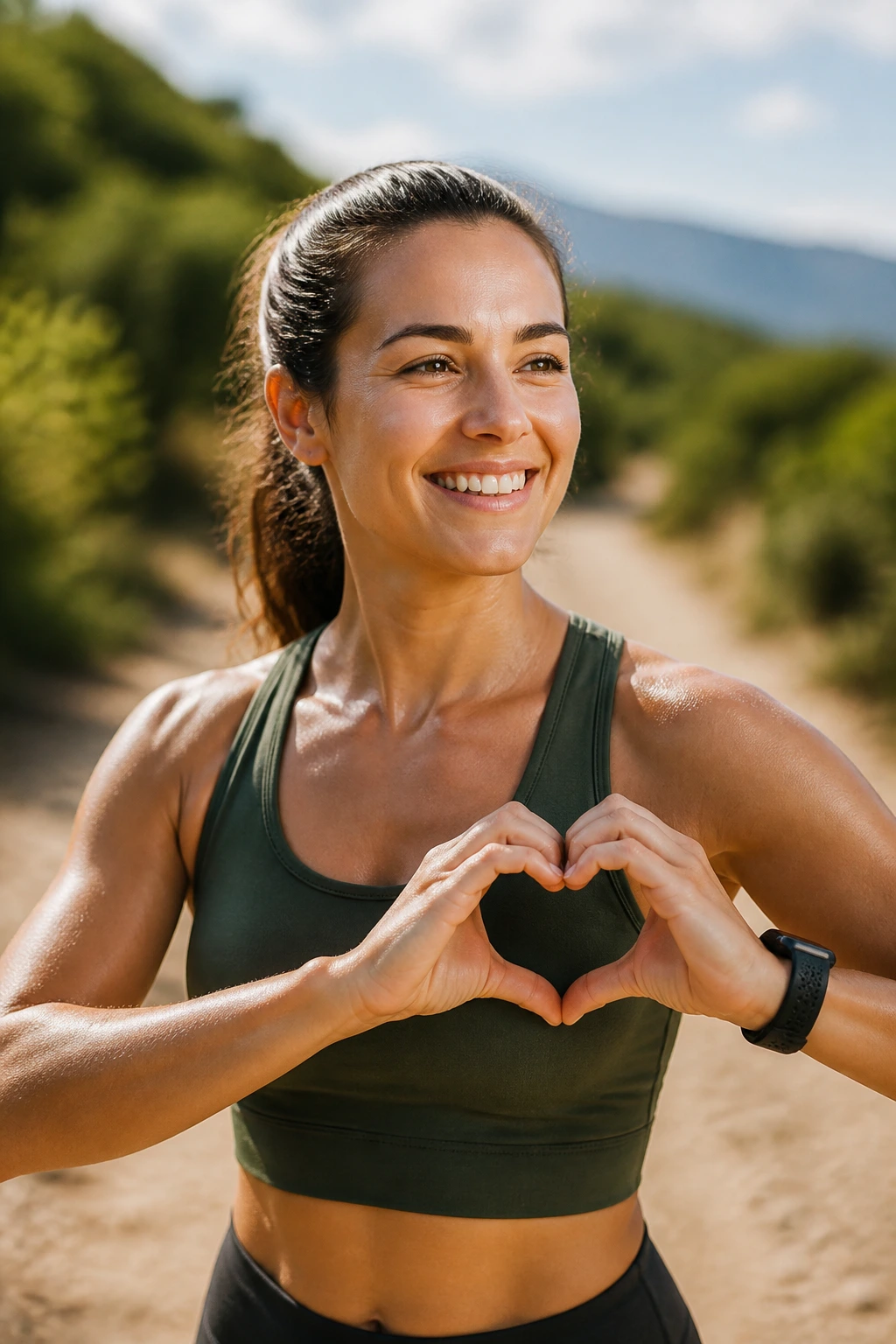 Active adult outdoors signaling heart healthy lifestyle