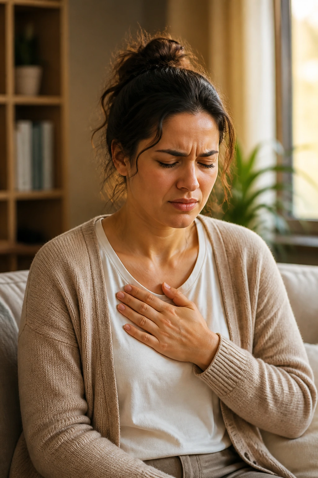 Heartburn Concerns: Do Bananas Give You Heartburn? 1 Close-up portrait of a person showing mild heartburn discomfort in a cozy living room