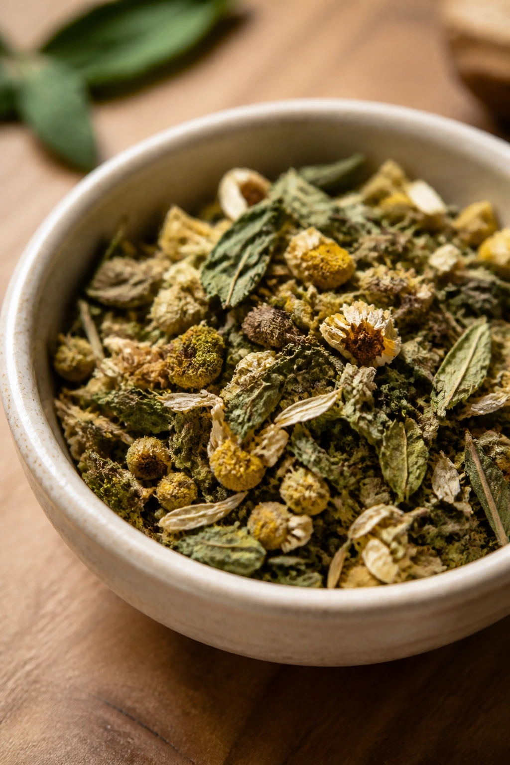 Loose herbal smoking blend in a bowl on a kitchen counter.