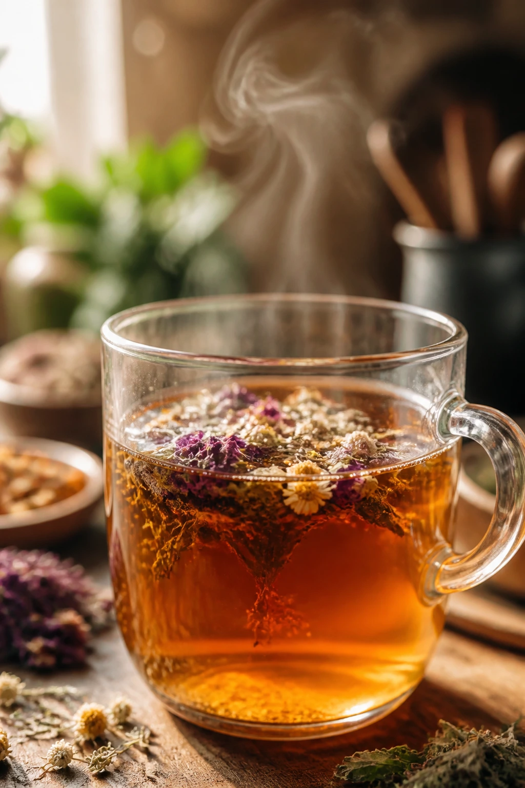 Caffeine Concerns: Does Fruit Tea Have Caffeine? 13 Close-up of a mug of caffeine-free herbal tea with steam in a cozy kitchen
