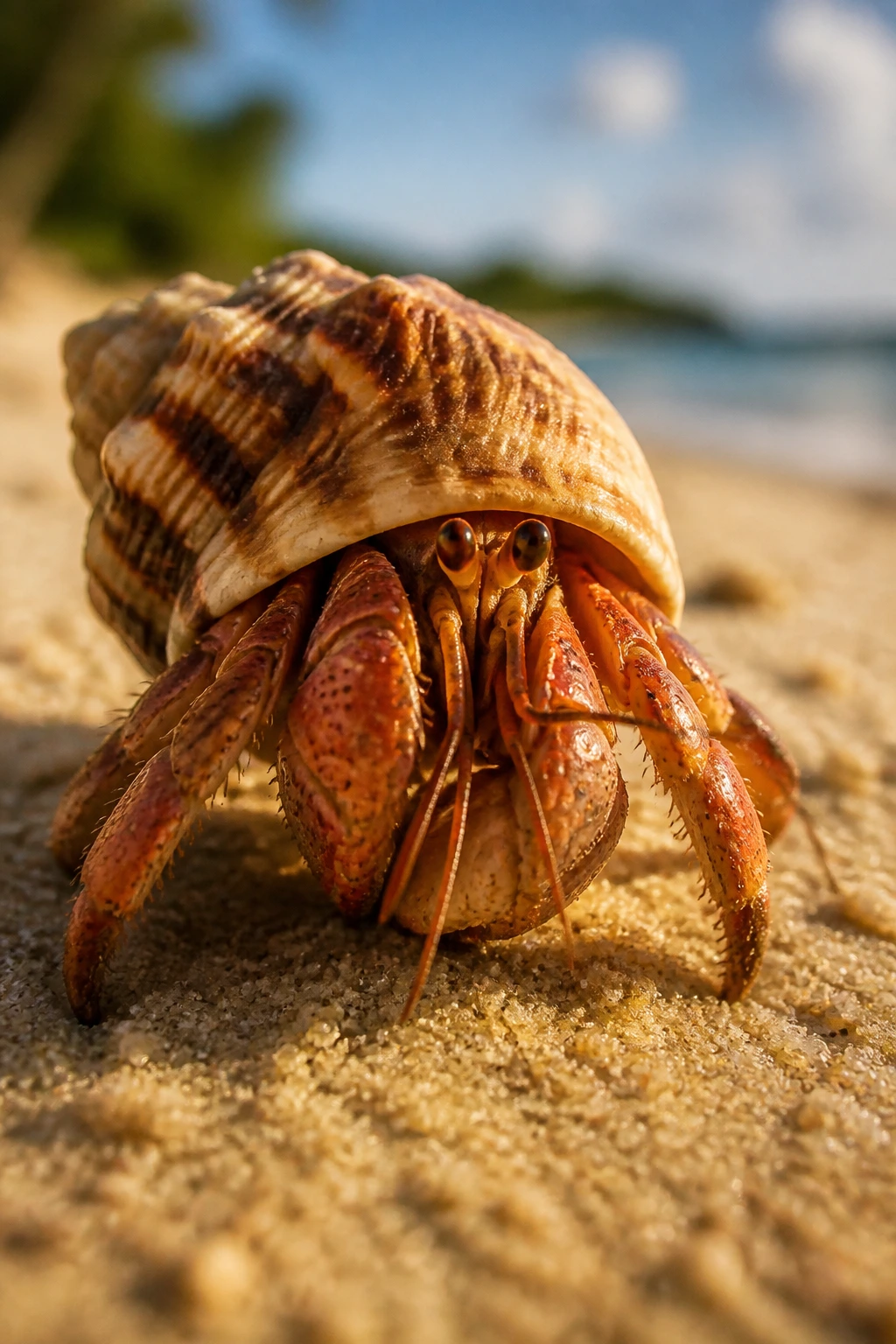 Close-up of a hermit crab on a sandy tropical beach, shell visible.
