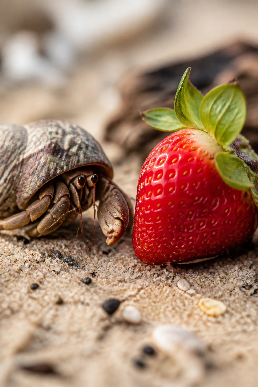 Wary hermit crab beside a strawberry on sand.