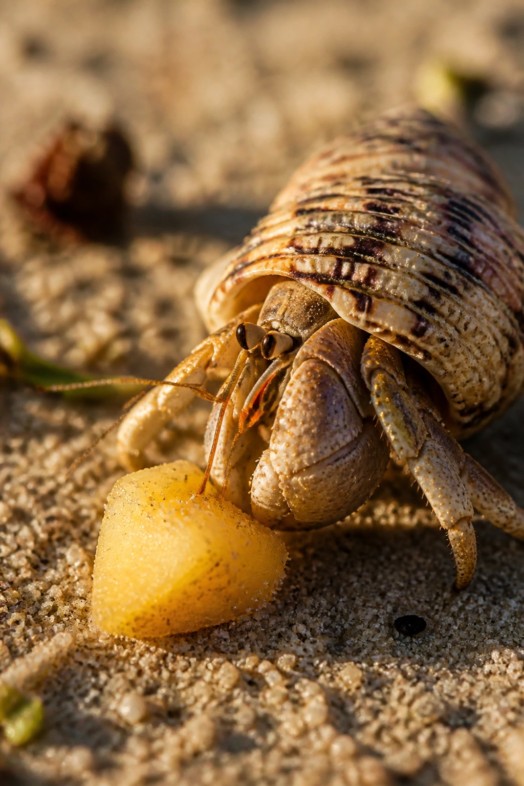 Hermit crab with a small piece of fruit on sand.