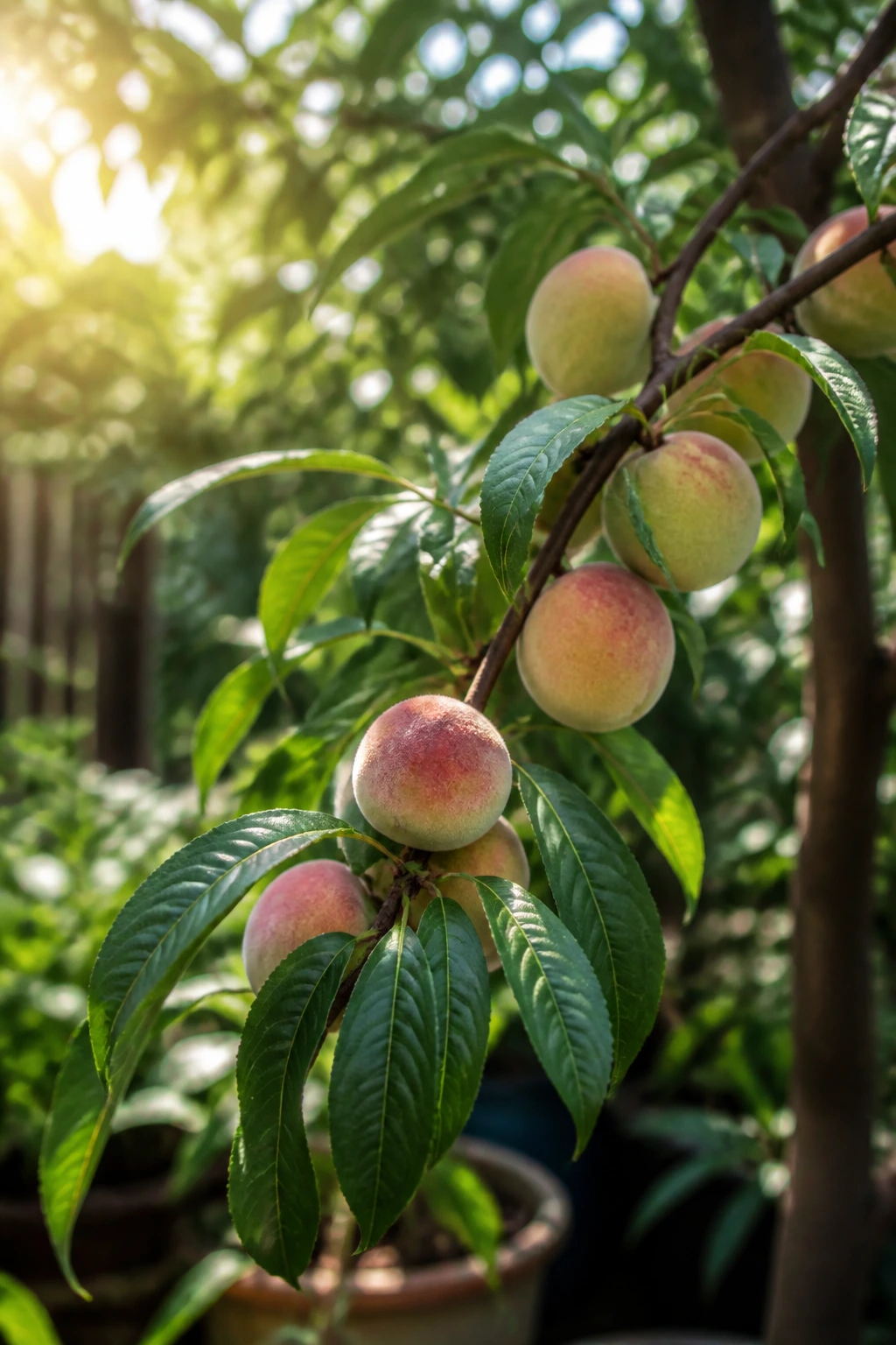 Peach tree branch with developing fruit in garden