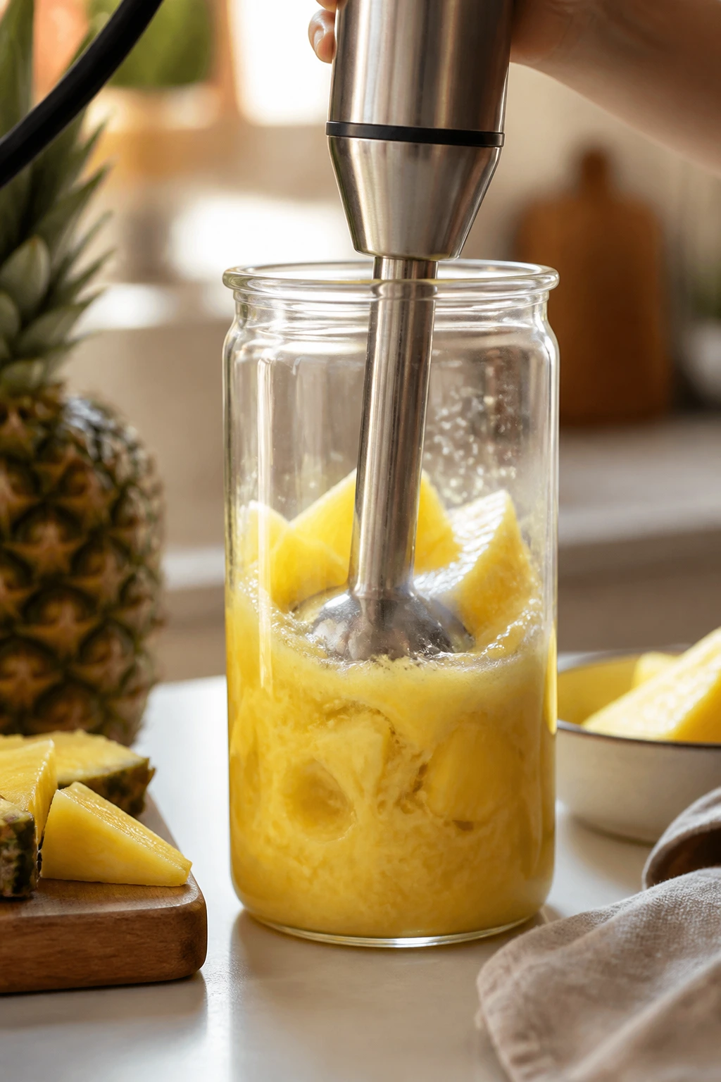 Handheld blender blending pineapple chunks in a glass jar in a home kitchen