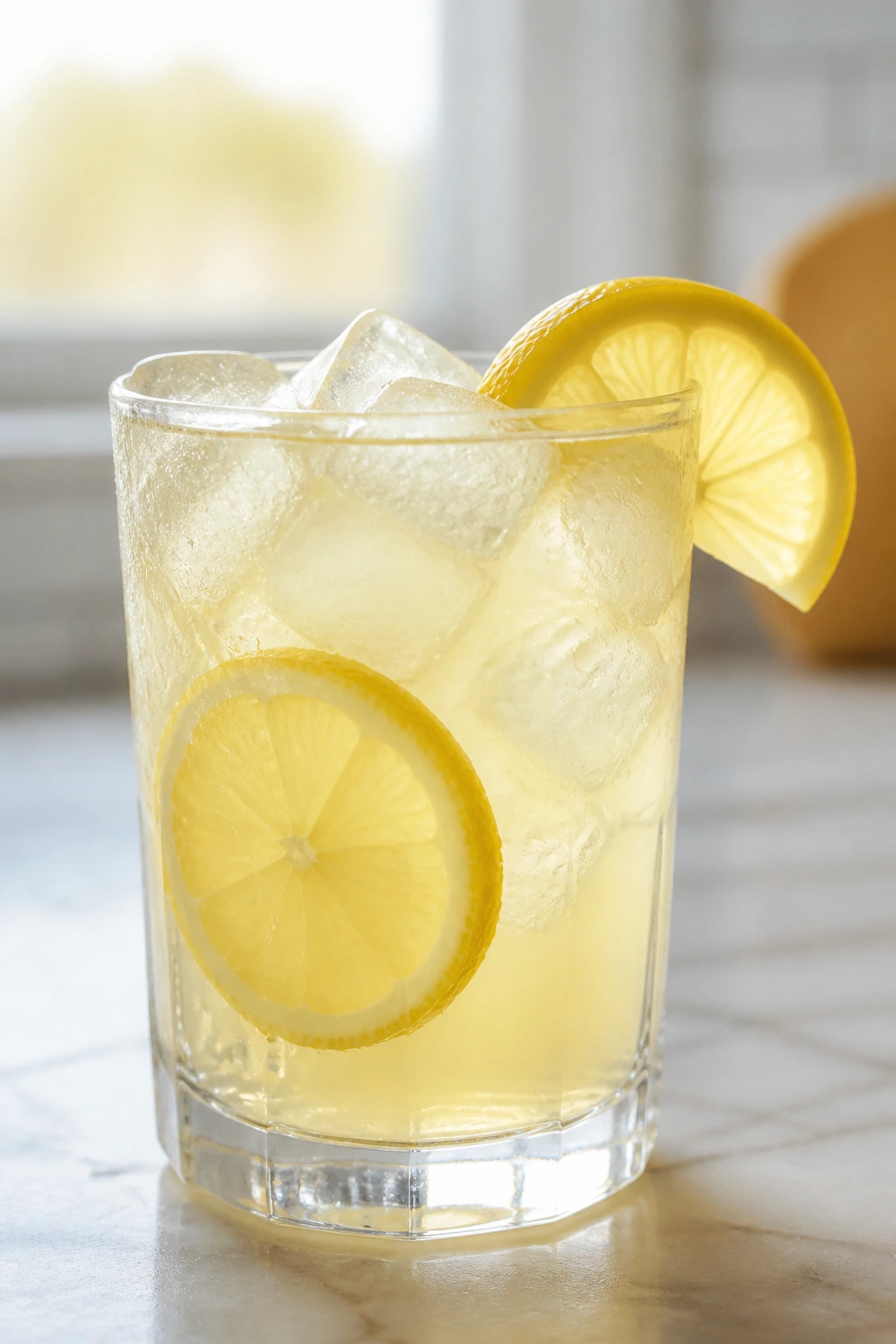 Homemade lemonade glass with ice on kitchen counter