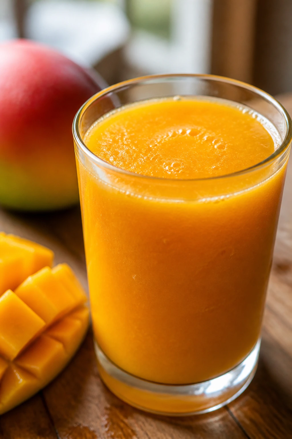 Homemade mango nectar in a glass on a home kitchen counter