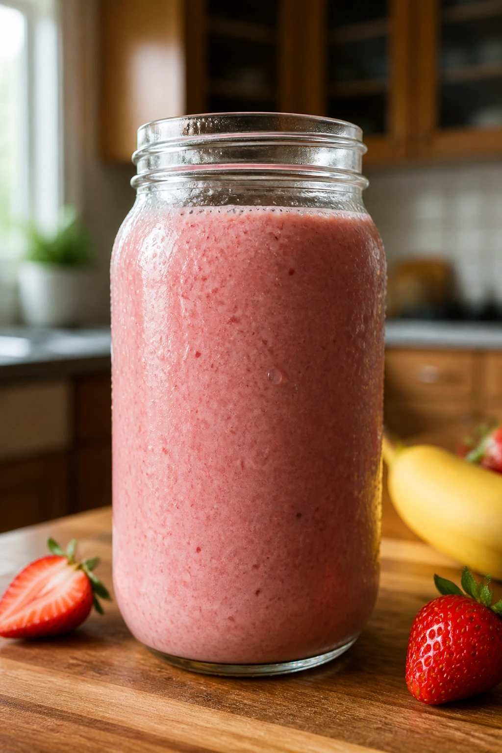 How Long Do Homemade Fruit Smoothies Last In The Fridge? 1 Close-up of a homemade smoothie in a glass jar on a wooden kitchen counter