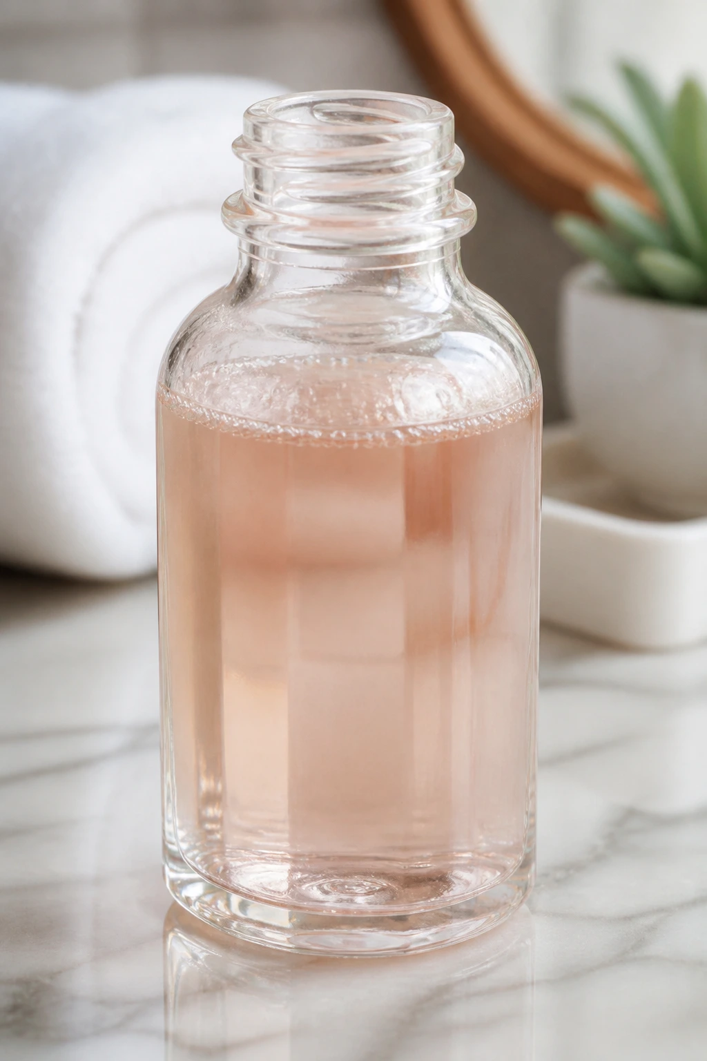 Clear bottle of homemade face toner on a bathroom vanity.