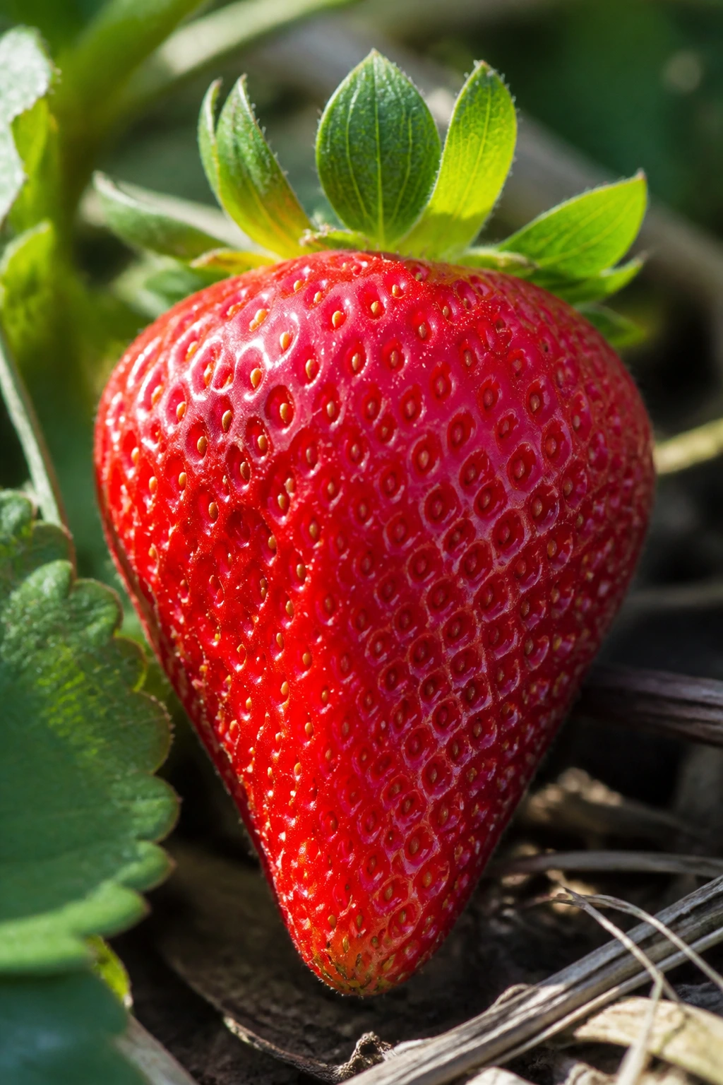 20 Popular Varieties Of Strawberries - And Which To Choose 20 Close-up of a large Honeoye Strawberry with deep red color and green calyx