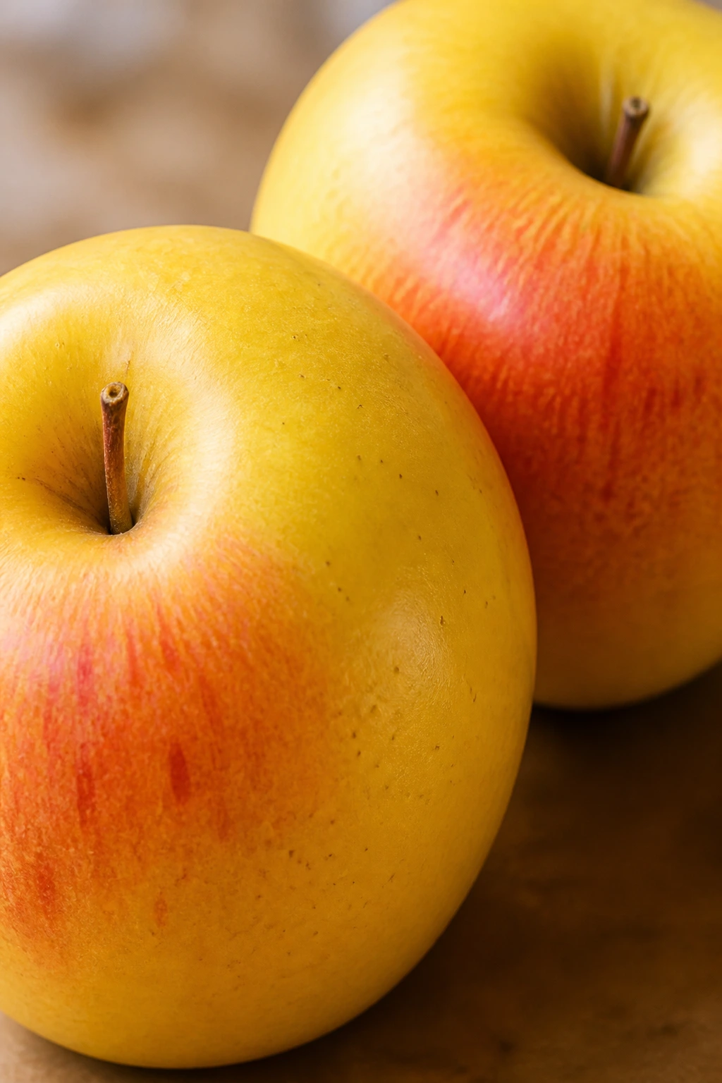 Honey Gold Apples:Â Nutrition Value, Health Benefits, & More 2 Two Honey Gold apples with golden skin and red blush on a neutral backdrop
