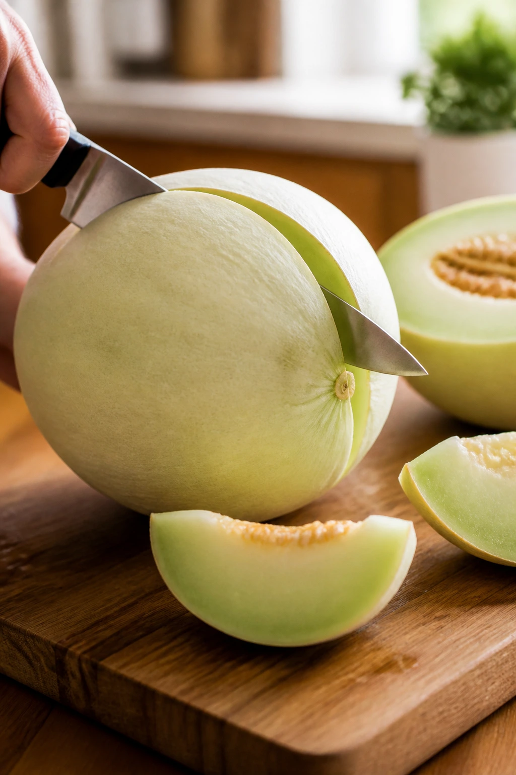Close-up of a honeydew melon being cut on a wooden cutting board in a bright kitchen