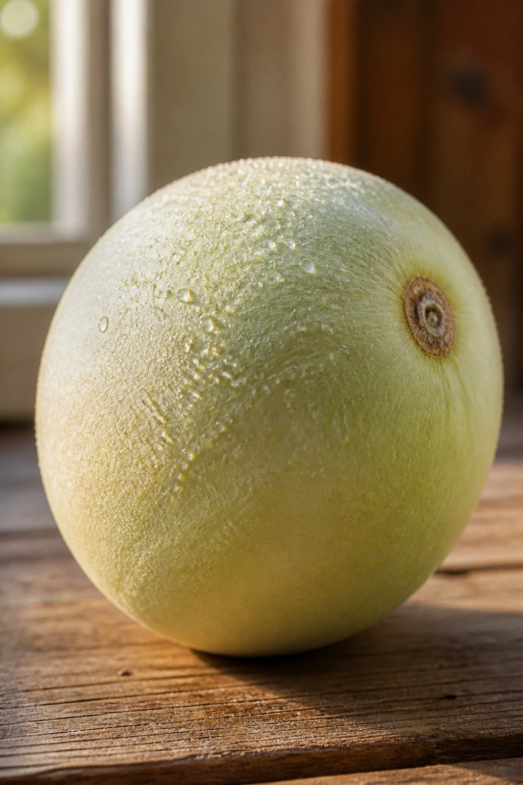 Dewy honeydew melon on wooden table