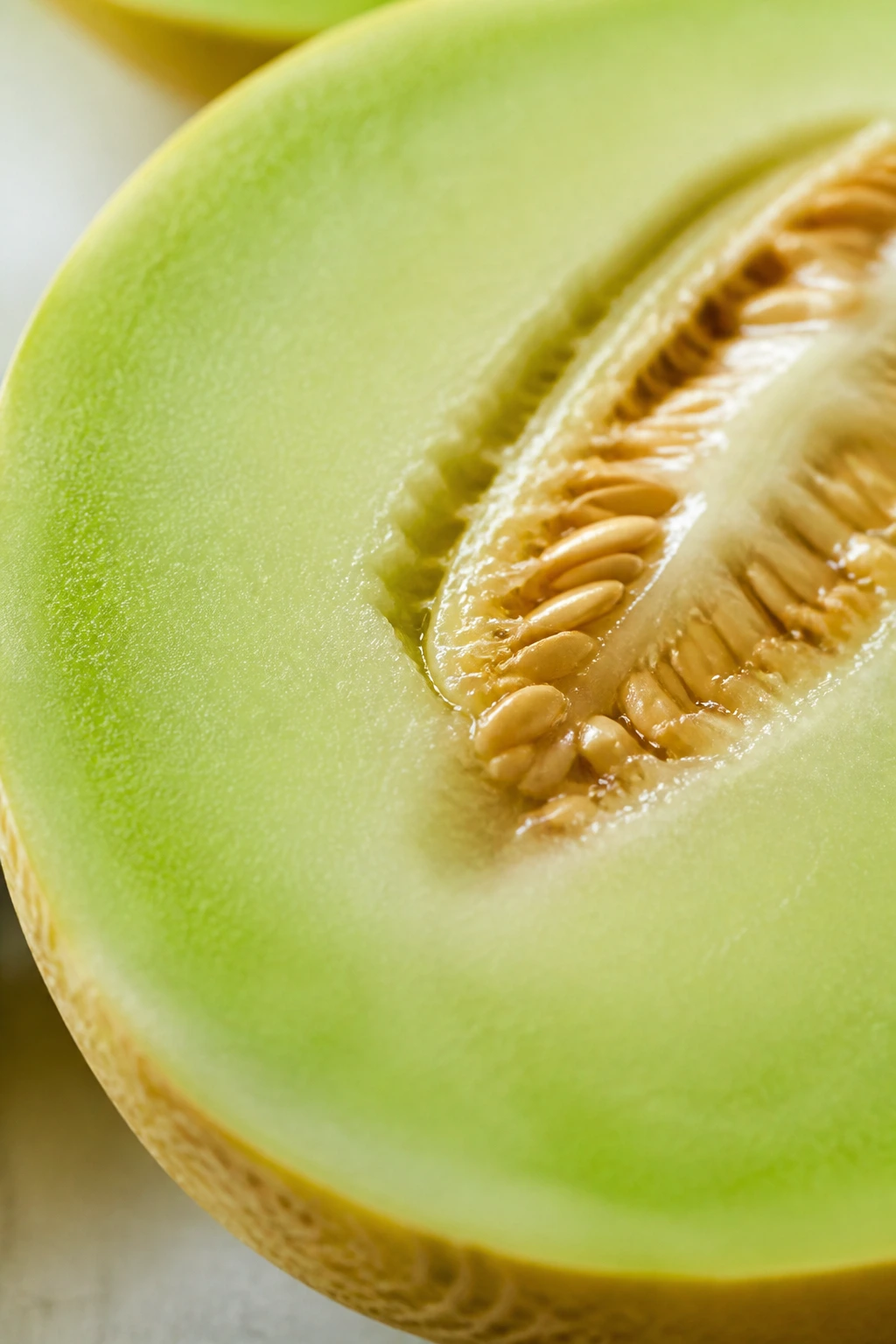 Juicy pale green honeydew flesh inside a cut melon