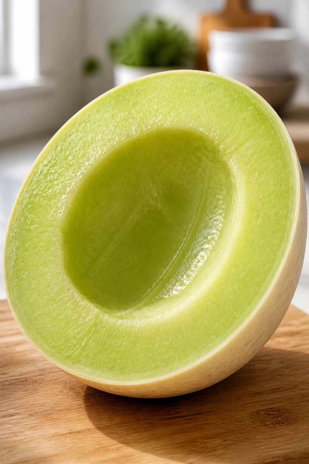 Halved honeydew melon showing bright green flesh on wooden surface
