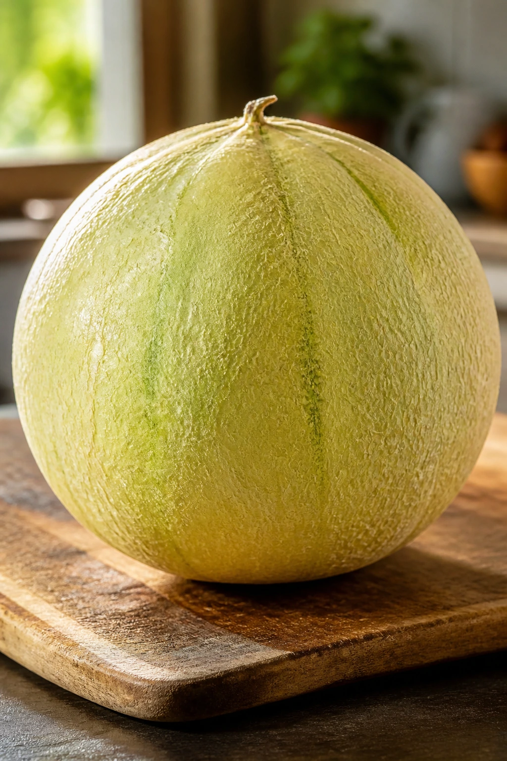 Close-up of a ripe honeydew melon on a rustic cutting board in a sunlit kitchen
