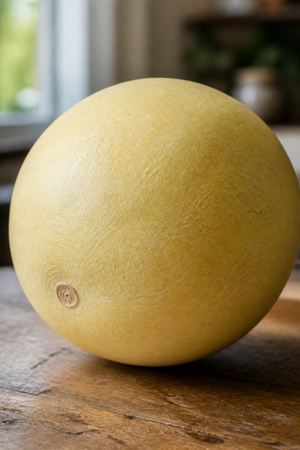 Close-up of a ripe honeydew melon with creamy yellow skin on a wooden kitchen counter