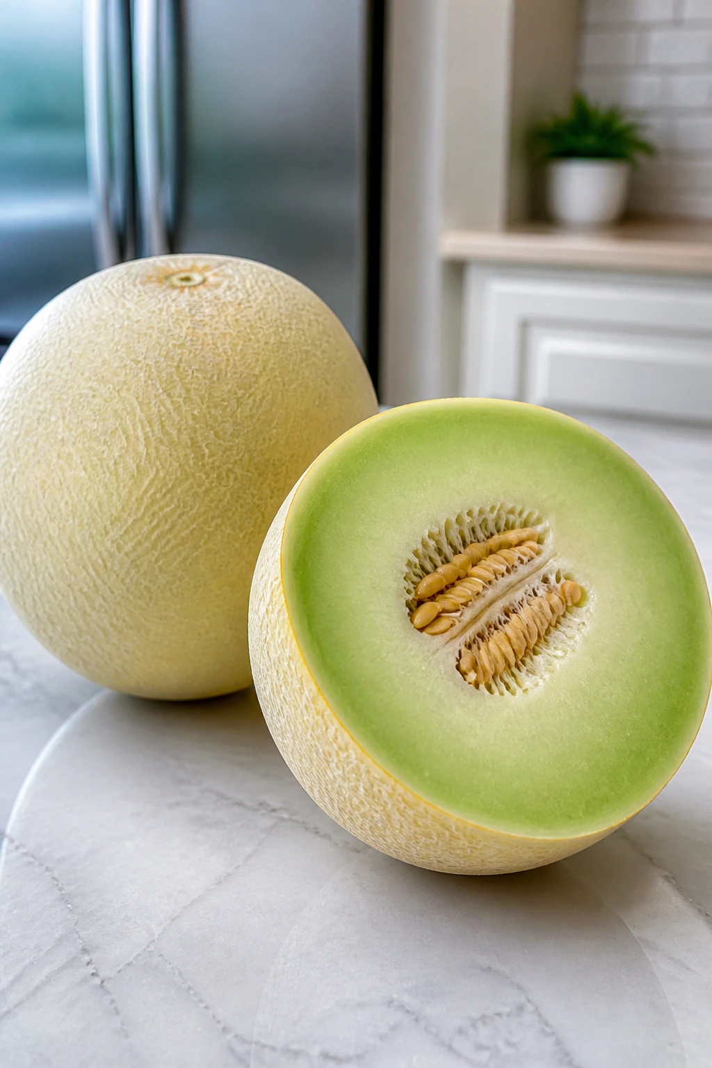 Two ripe honeydew melons on a kitchen counter ready for storage
