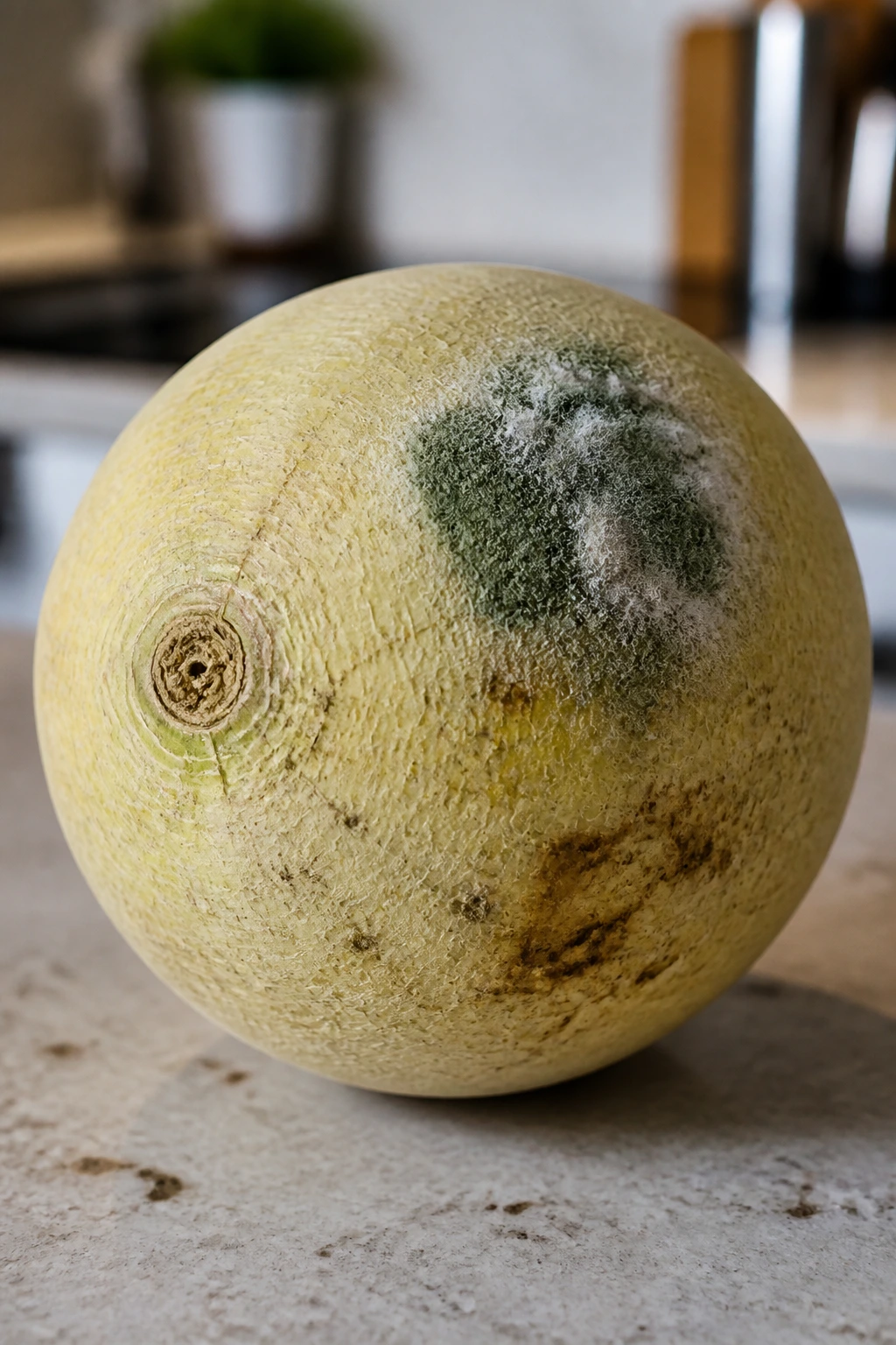 Moldy honeydew on kitchen counter with visible spots