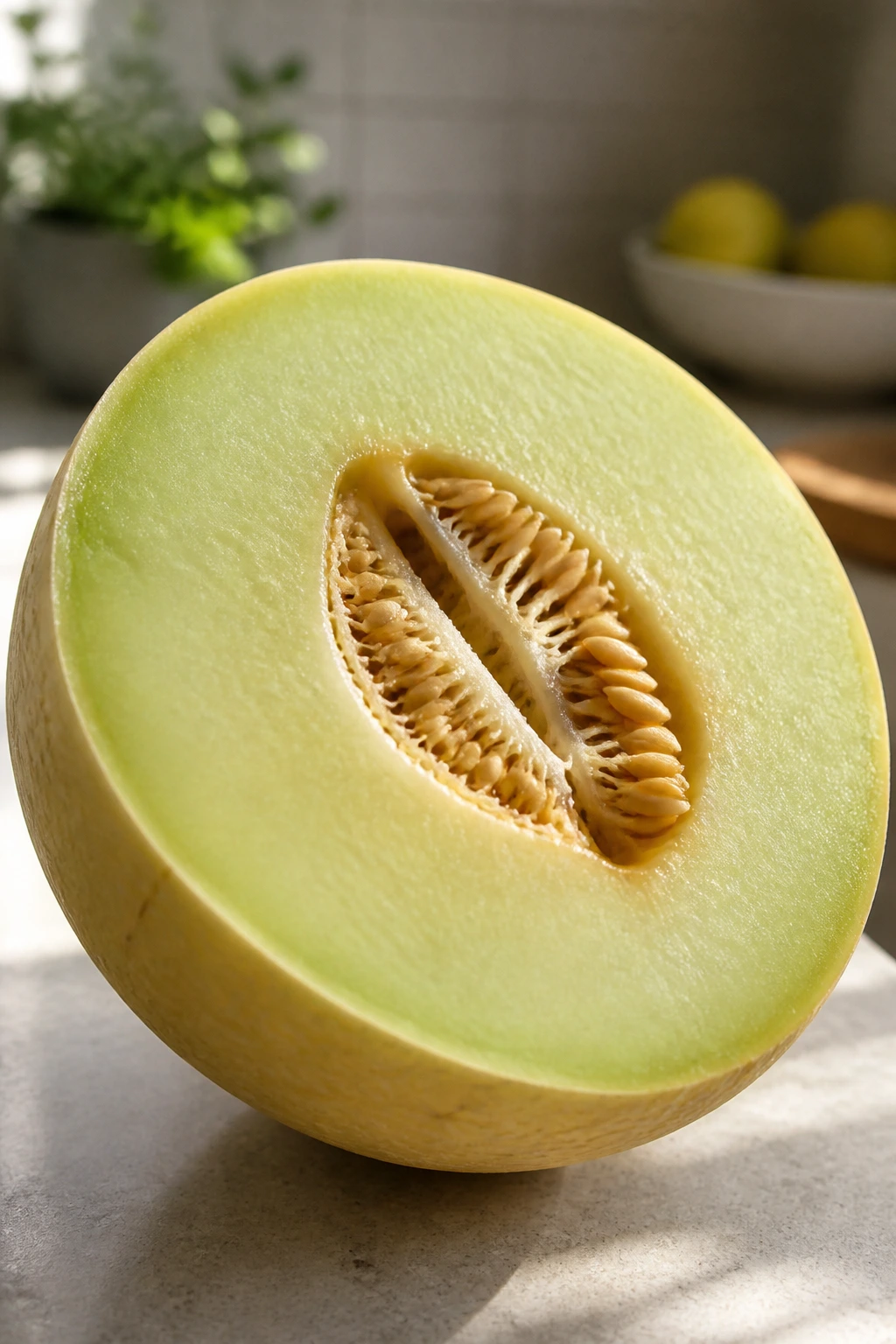 Ripe honeydew half showing pale green flesh on a kitchen counter