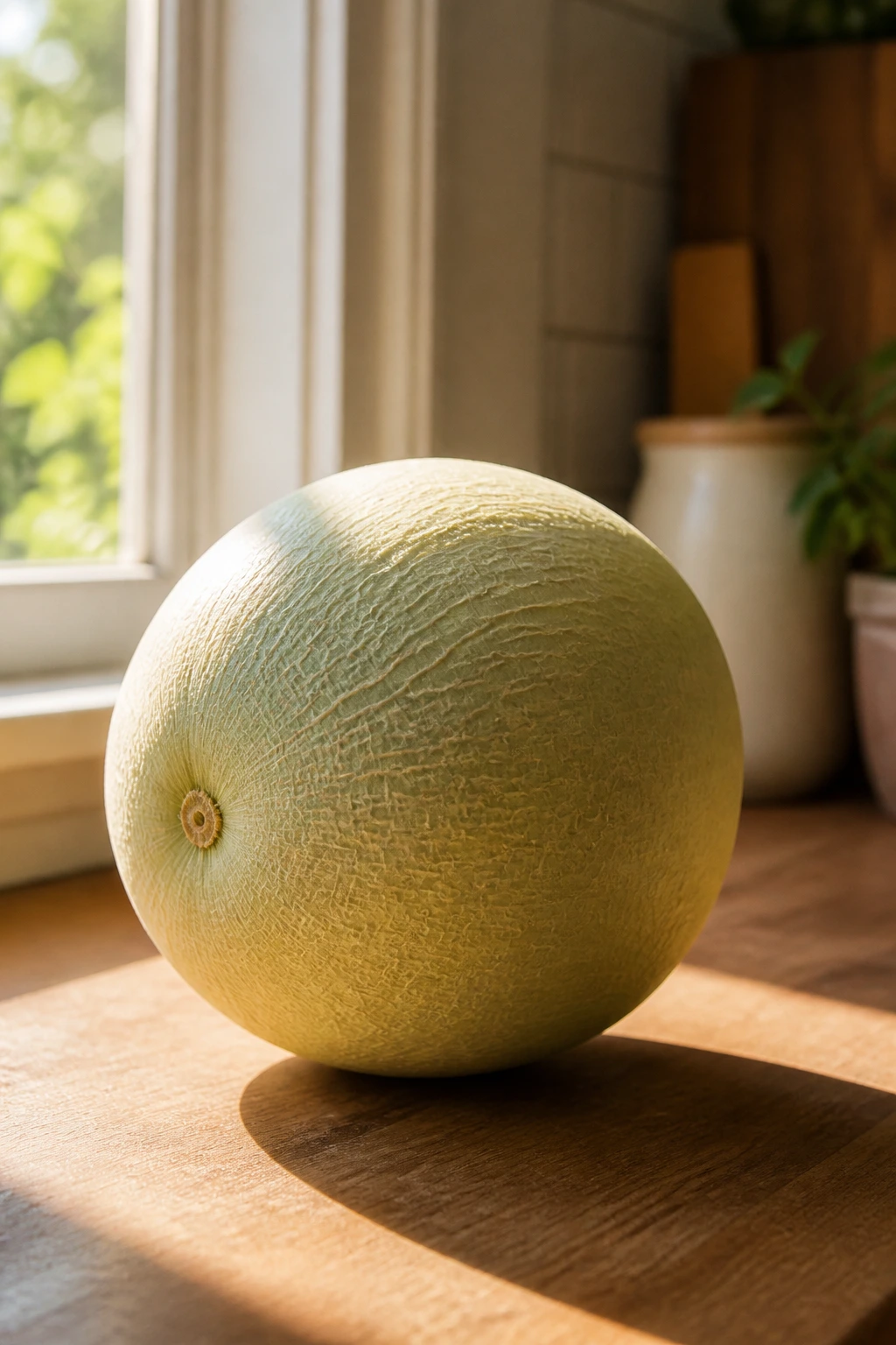 Whole honeydew melon ripening in sunny kitchen window