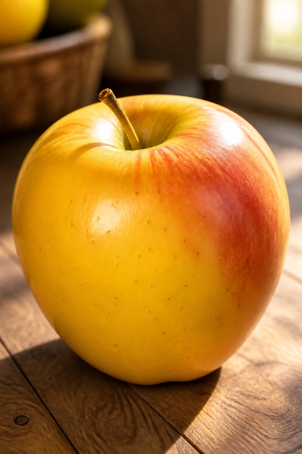 Honey Gold Apples:Â Nutrition Value, Health Benefits, & More 1 Close-up of a single Honeygold Apple with golden skin and red blush on a wooden table