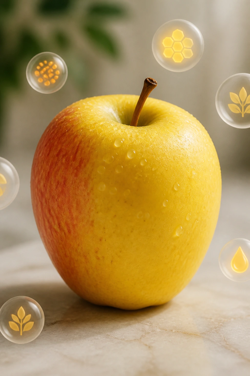 Honey Gold Apples:Â Nutrition Value, Health Benefits, & More 5 Honeygold Apple with abstract nutrient shapes around it