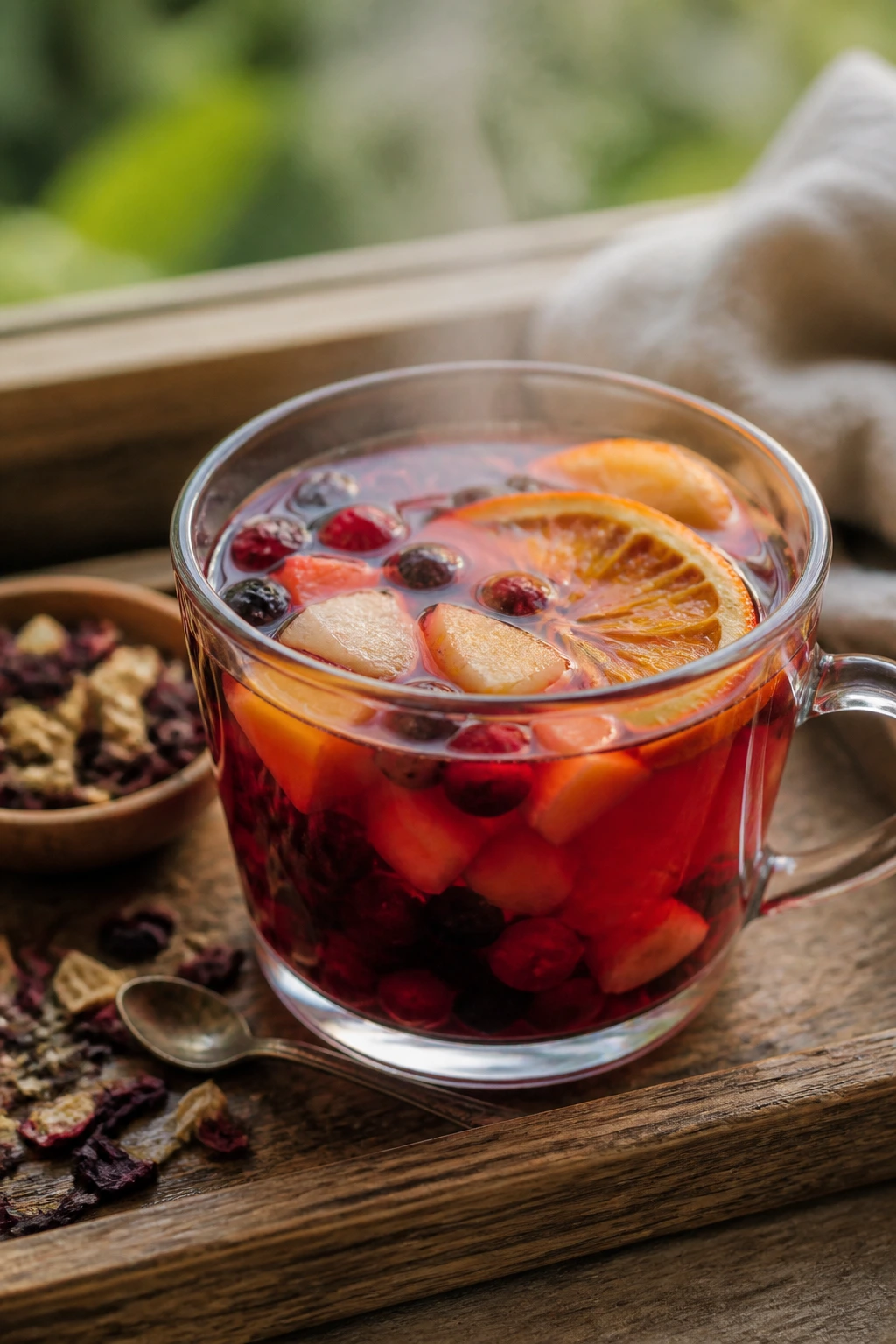 Are Fruit Teas Good For You? Are They Really Healthy? 8 Steaming cup of fruit tea on wooden tray with warm natural light