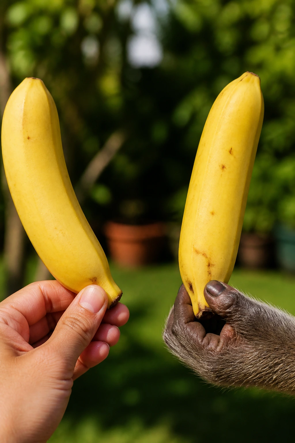 Close-up of a human hand and a monkey's hand both peeling bananas from the bottom, mirroring the technique in a garden setting.