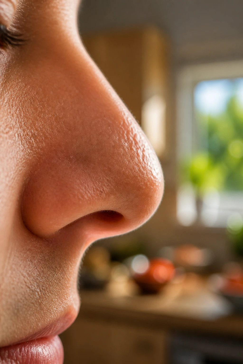 Close-up of a real person's nose and skin in a warm kitchen, illustrating how smell attracts fruit flies