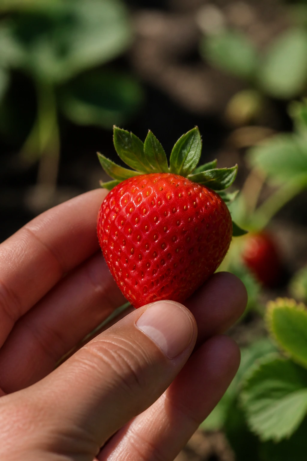 Strawberry held by human hand in a garden, illustrating domestication history