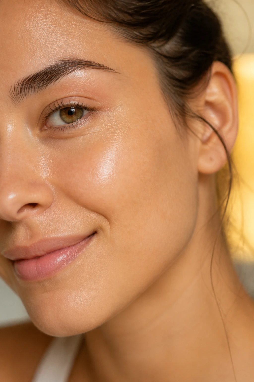 10 Incredible Beauty Benefits of Bananas and Their Peel 2 Close-up of dewy, hydrated skin on a woman's cheek